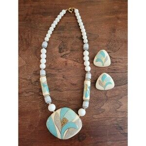 Vintage Japan Ceramic Beaded Pendant Necklace and Matching Earrings Art Deco